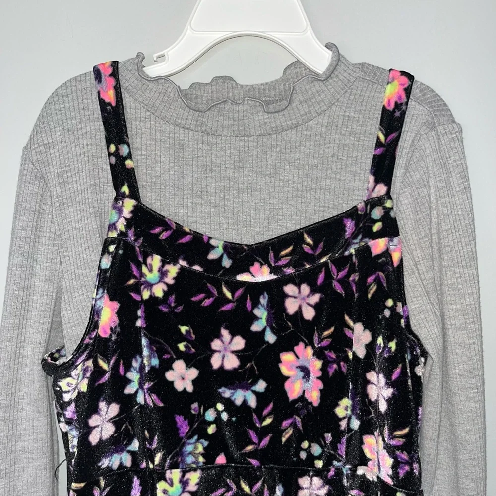Justice Floral Velour Kids Dress with Gray Long Sleeve Youth Small